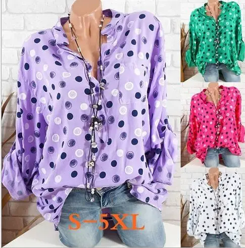 

2018 Spring women's Europe and the United States dot print collar collar long sleeve head patch pocket women's shirt