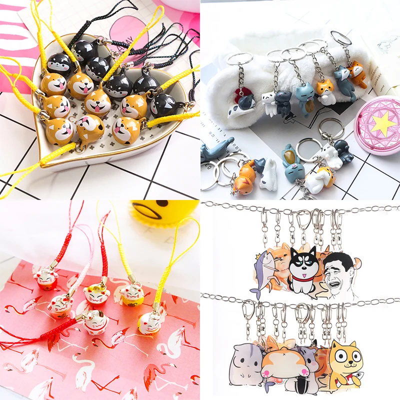 

1pc Cartoon combination lucky cat husky bell many kinds of expression cat series resin key ring bag buckle decoration Supplies