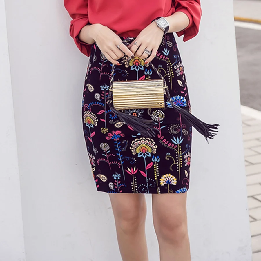Женская Цветочная юбка-карандаш длиной до колена Летняя Сексуальная элегантная клетчатая юбка размера плюс для формальной работы офиса облегающая женская юбка с принтом - Цвет: Многоцветный