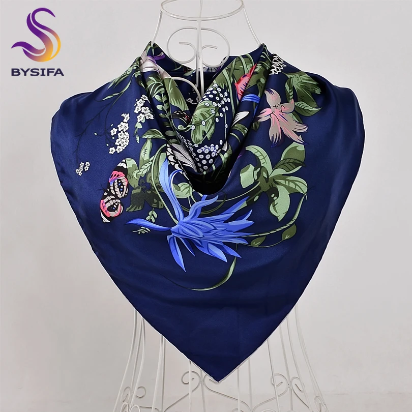 BYSIFA темно-синие Саржевые квадратные шарфы обертывания модный бренд цветочный роскошный чистый Шелковый шарф шаль весна осень зима шелковый шарф