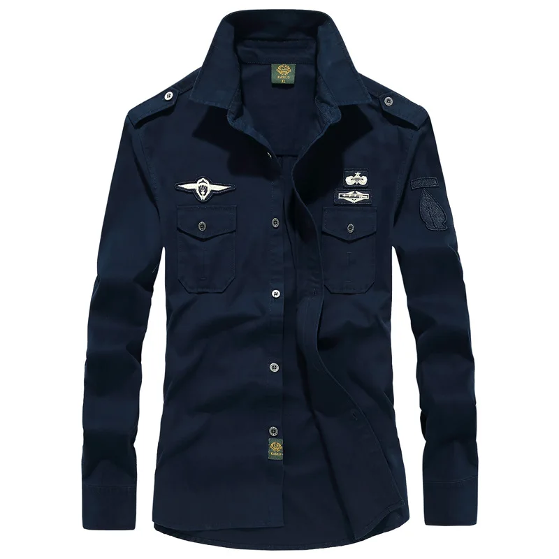  Man Solid Shirt With Embroidery 6XL Spring Autumn Cotton Military Pilot Air Force Shirt Men Long Sl