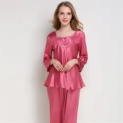 Для женщин шелковый атлас пижамы для девочек с длинным рукавом Pijama Mujer Пижамный костюм женский 2 шт. Домашняя одежда сна белье