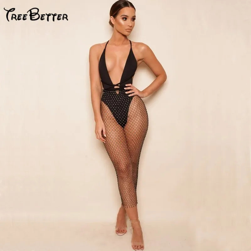 

Fishnet Diamonds Hollow Bohemia Swimwear Beach Sexy Rhinestone Mesh T-shirt Female Skinny 2019 Women Solid Skirt