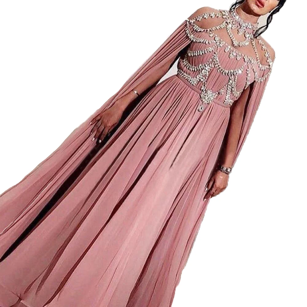

Arabic Dubai Evening Dresses Elegant Chiffon Cape Crystal High Neck Formal Dress Prom Plus Size Long Special Event Gala Gowns
