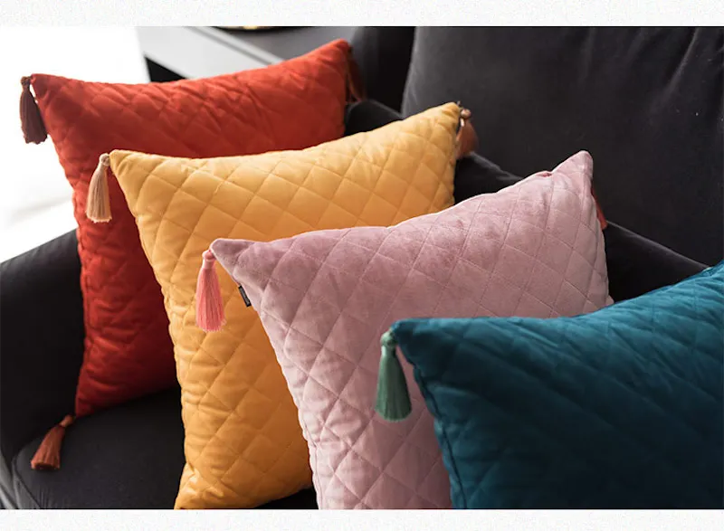 DUNXDECO наволочка для подушки, декоративная квадратная наволочка, современный простой геометрический лоскутный роскошный бархатный чехол для дивана с кисточками