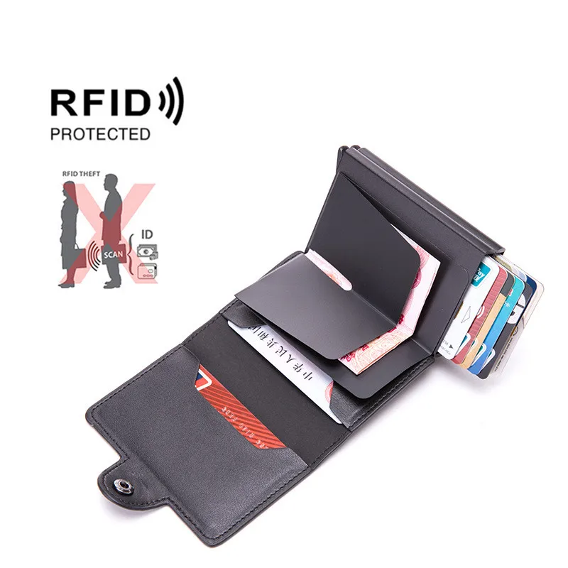 

RFID Business Card Wallet Double Aluminium Box PU Leather Automatic Pop Up Antimagnetic Metal Wallet Credit ID Card Holder