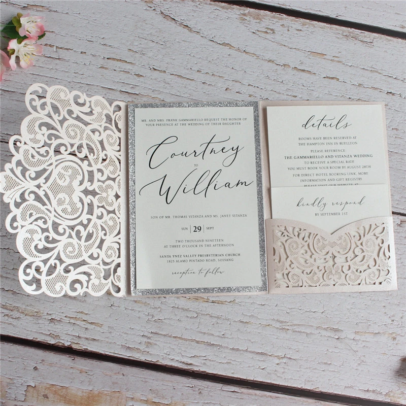 Enveloppe D Invitation De Mariage Avec Paillettes Argent Bordure Inserer Doux Rose Fleur Coeur Laser Coupe Invite Support Aliexpress