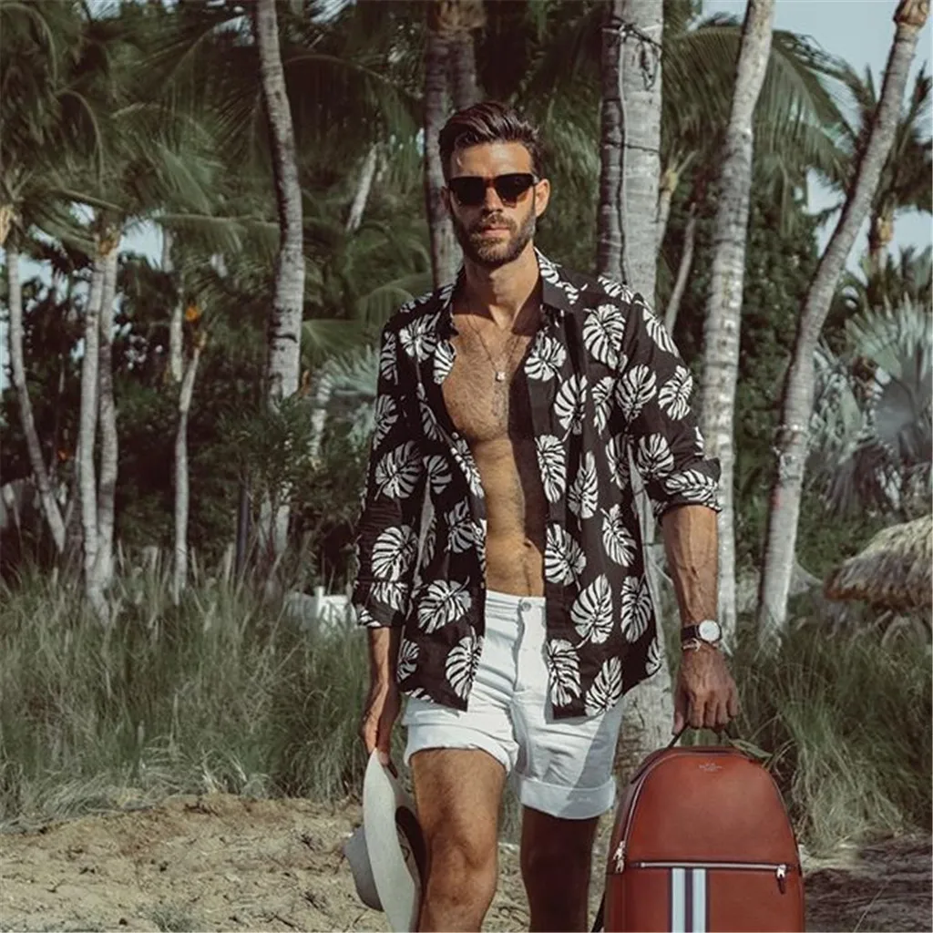 

Men Shirt Summer Beach Tropical Printed Shirts Men Casual Long Sleeve Hawaiian Shirt Men Streetwear Clothes 2019 рубашки