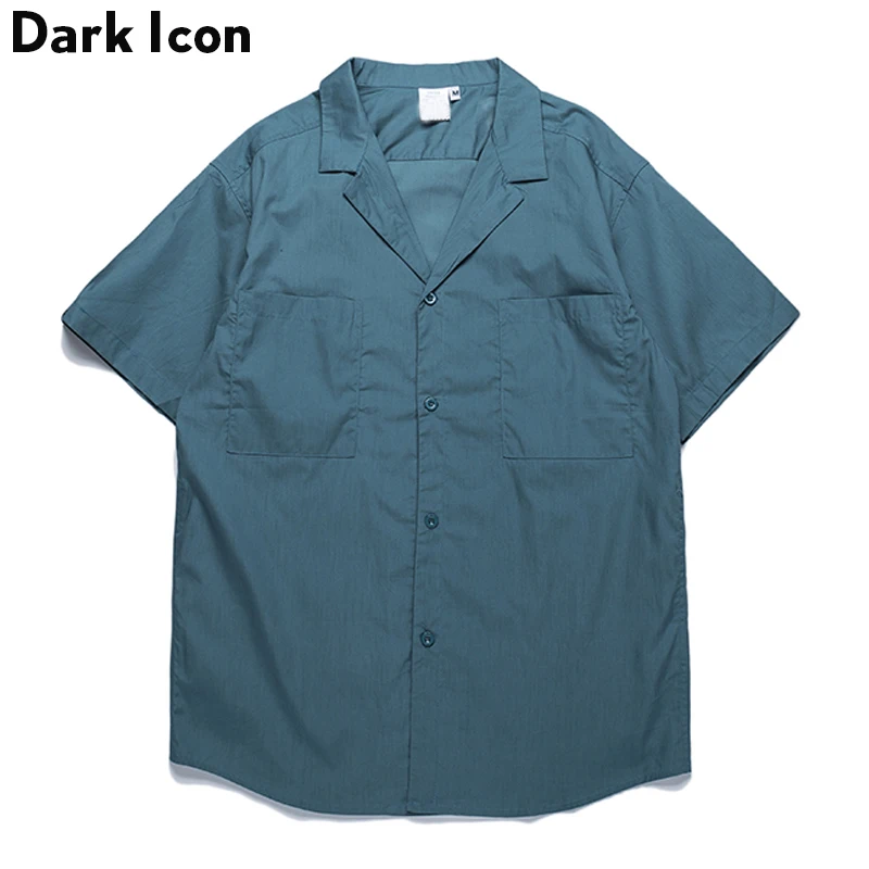 

Dark Icon Turn-down Collar Vintage Shirt Men Short Sleeve 2019 Summer Solid Color Retro Hip Hop Shirts Men 4 Colors