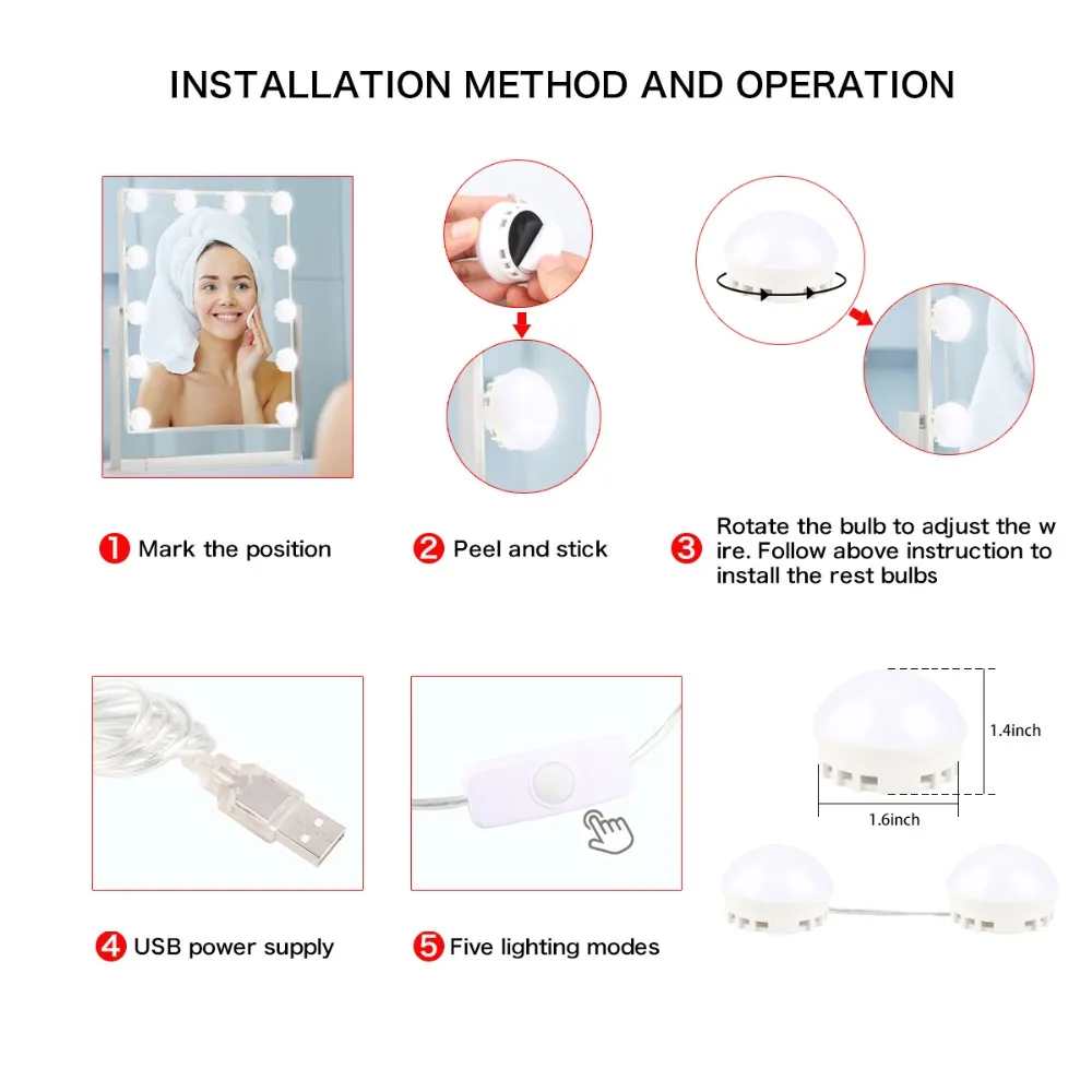 Vanity 360 Degree Makeup Mirror Light USB Powered LED Bulbs For Dressing Table with Dimmer Hollywood Bulb Linkable 16DA