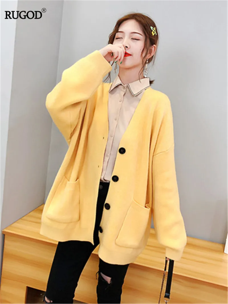 RUGOD Korean Style Women Cardigan Solid Single Breasted Pockrts Womens Cardigan Long Sleeve Sweet Gril Knitted Sweater - Цвет: Золотой