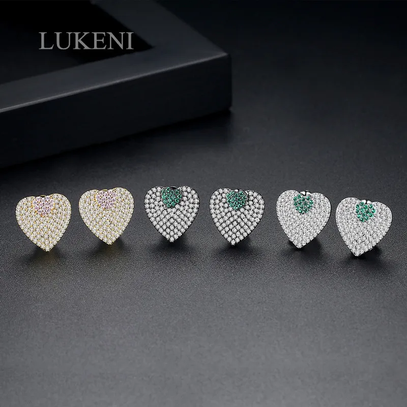 

LUKENI New Design Cute Heart Stud Earrings For Women Heart and Arrow Green and Clear Micro CZ Paved Black Punk Earring Jewelry