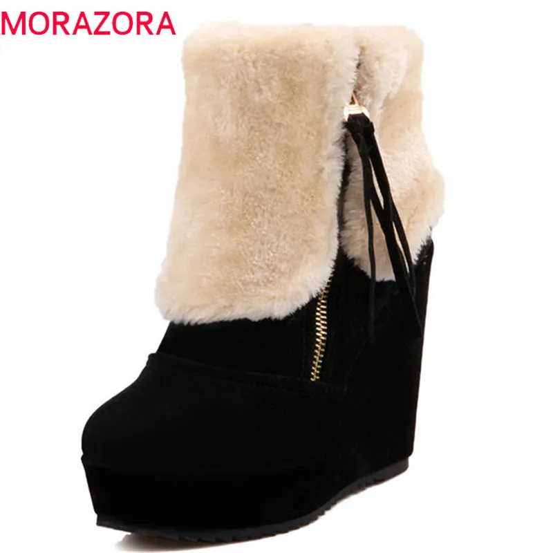 

MORAZORA 2018 hot sale ankle boots women round toe flock wedges shoes woman comfortable Platform Winter Boots Female Footwear