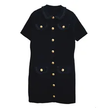 Роскошное дизайнерское Брендовое трикотажное платье для женщин, винтажное платье с воротником Питер Пэн, винтажное трикотажное платье с вырезами на пуговицах, с несколькими карманами, черного цвета