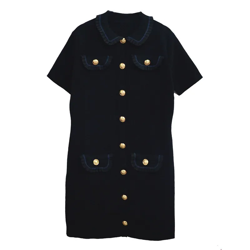 

Luxury Designer Brand Knitted Dress for Women Vintage Peter pan Collar Vintage Carved Button Multi-Pocket Knitted Dress Black