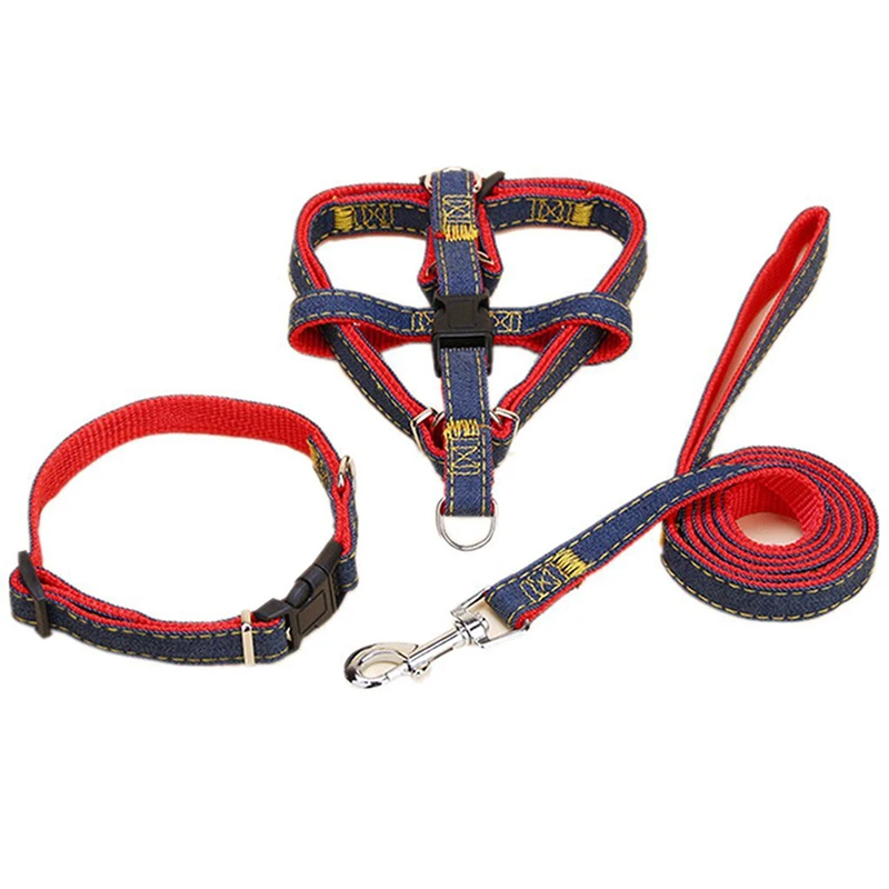 Cowboy Dog Harness Collar Lead Set Jean Denim Puppy Chest Collar Dog