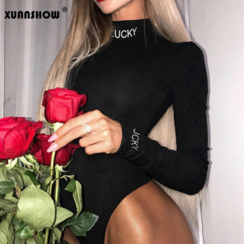 

XUANSHOW 2019 Fashion High Neck Long Sleeve Skinny Women's Bodysuits LUCKY Letter Printed Black Body Femme Clothes