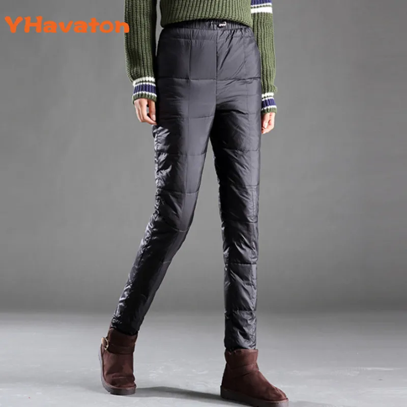 

2019 New Winter Packable Down Pants Women Double Face Down Padded Pencil Pants Slim Elastic Thick Duck Down Trousers Ladies