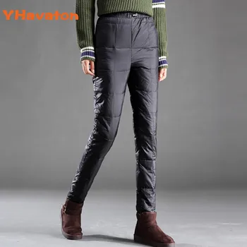 

2020 New Winter Packable Down Pants Women Double Face Down Padded Pencil Pants Slim Elastic Thick Duck Down Trousers Ladies
