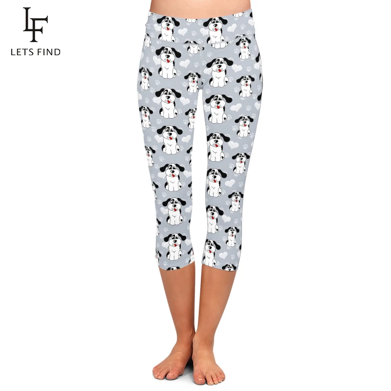 LETSFIND High Waist Women Elastic Pants 3D Cute Cartoon Dogs and Dog Paw Milk Silk Printing Comfortable Casual Capri Leggings