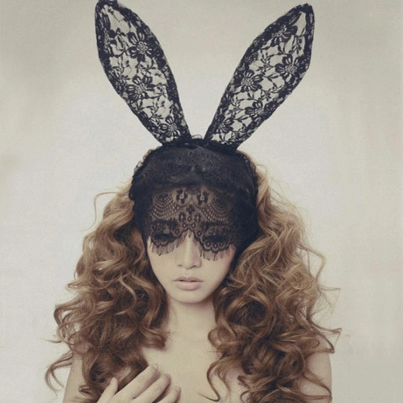 Bandeaux pour filles en dentelle À la mode, avec oreilles de lapin, masque pour les yeux, accessoire de cheveux solide, accessoire de coiffure Sexy