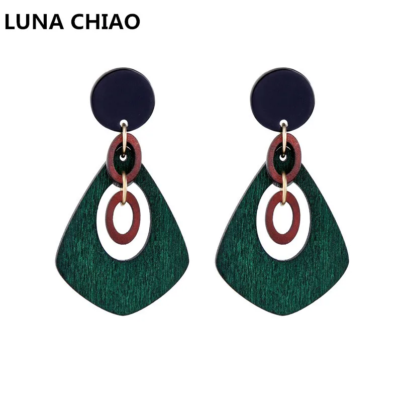 Luna Chiao модные геометрические цвет блок цветные деревянные серьги капли воды