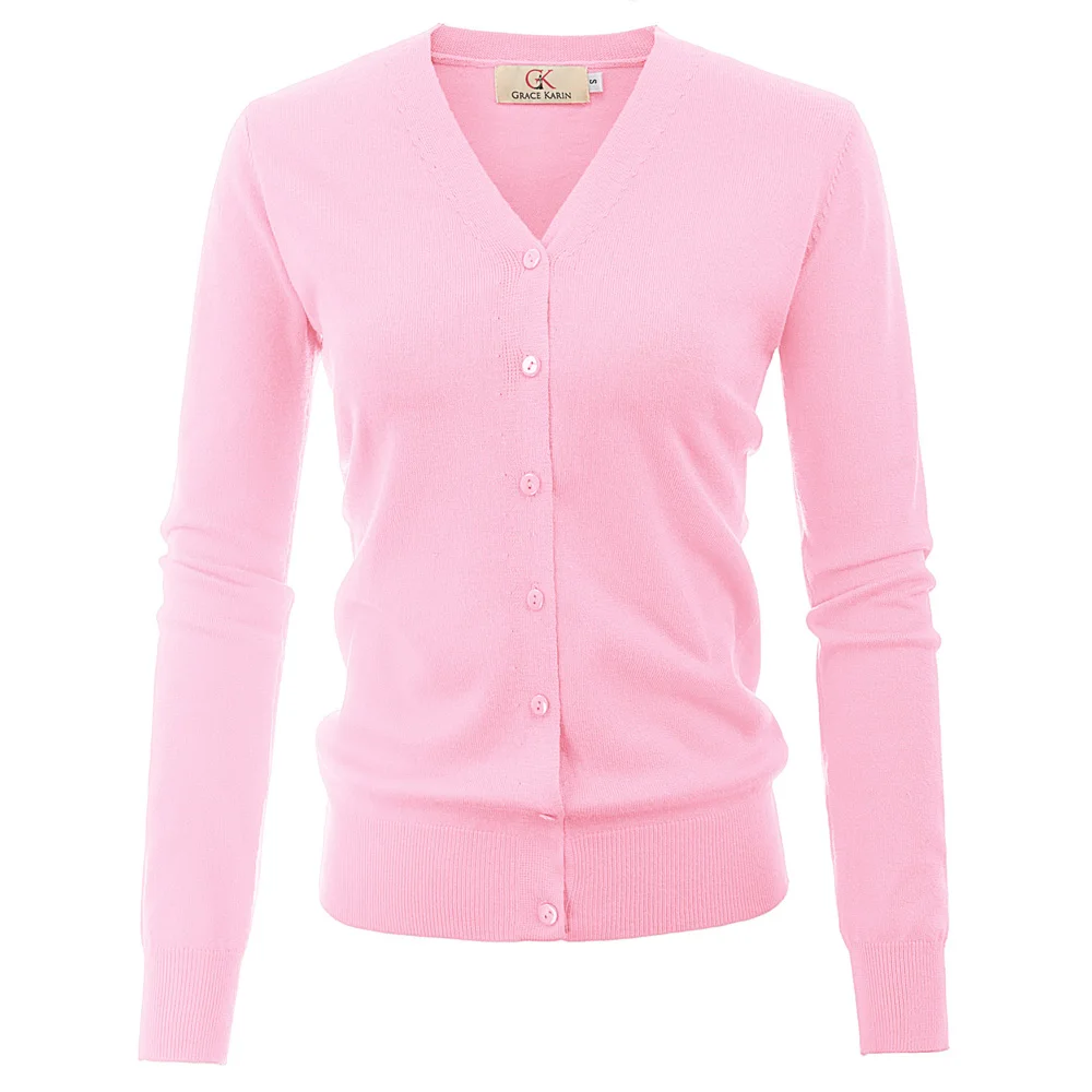 Женское трикотажное пальто весна длинный рукав v-образный вырез пуговица планка винтажная элегантная однотонная тонкая дамская куртка вязаные пальто Топы - Цвет: Light Pink