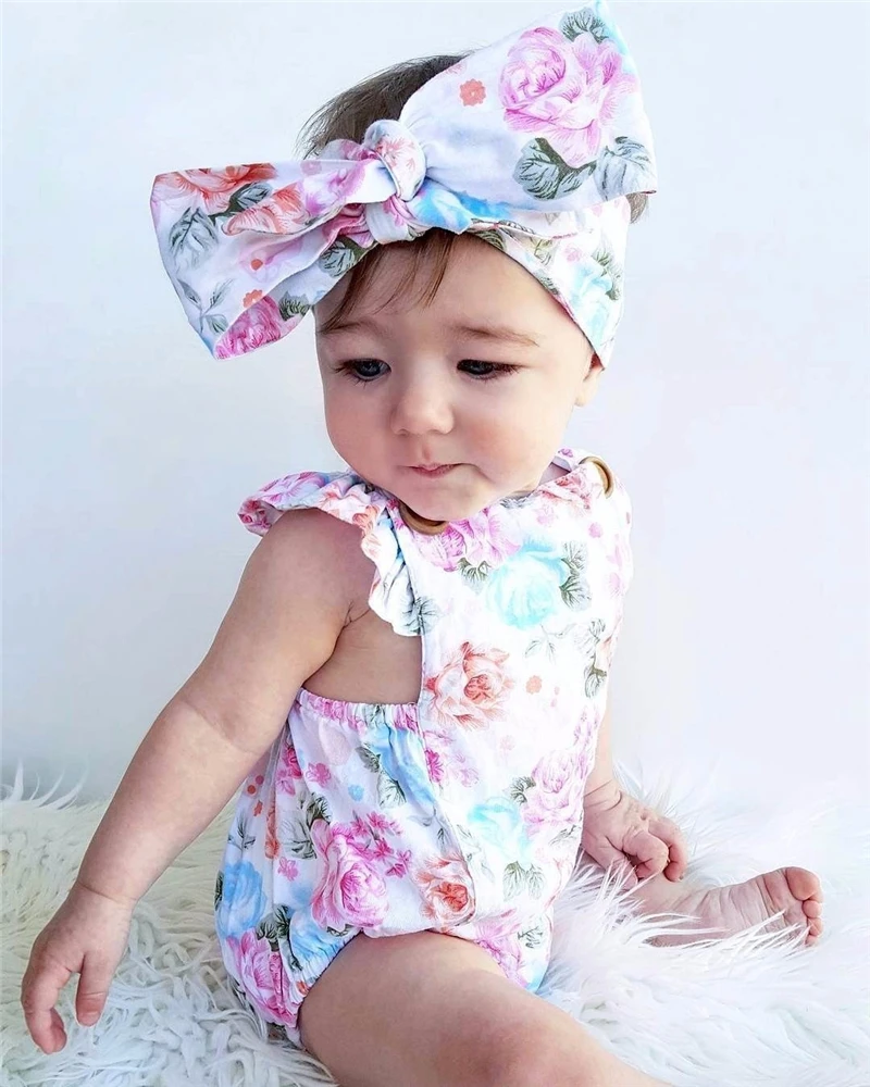 Комплект одежды для малышей с цветочным рисунком; коллекция года; летний комбинезон с рукавами с оборками для новорожденных девочек+ повязка на голову; комплект из 2 предметов; пляжный костюм