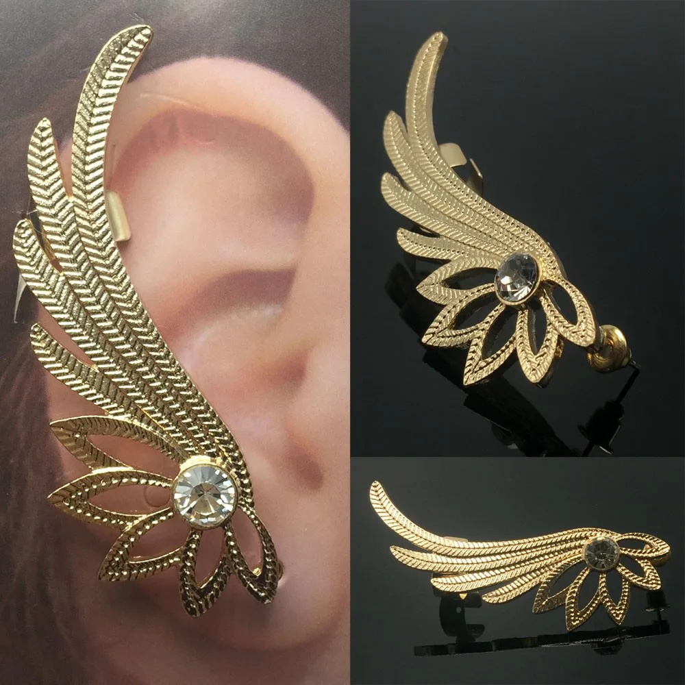 Fashion women`s clip ear cuff earrings rhinestone crystal wing for pierced ear left and right for women and girl 