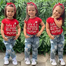 Летняя одежда для маленьких девочек, блузка, очаровательная футболка с короткими рукавами и буквенным принтом, топы+ джинсы, костюм для детей