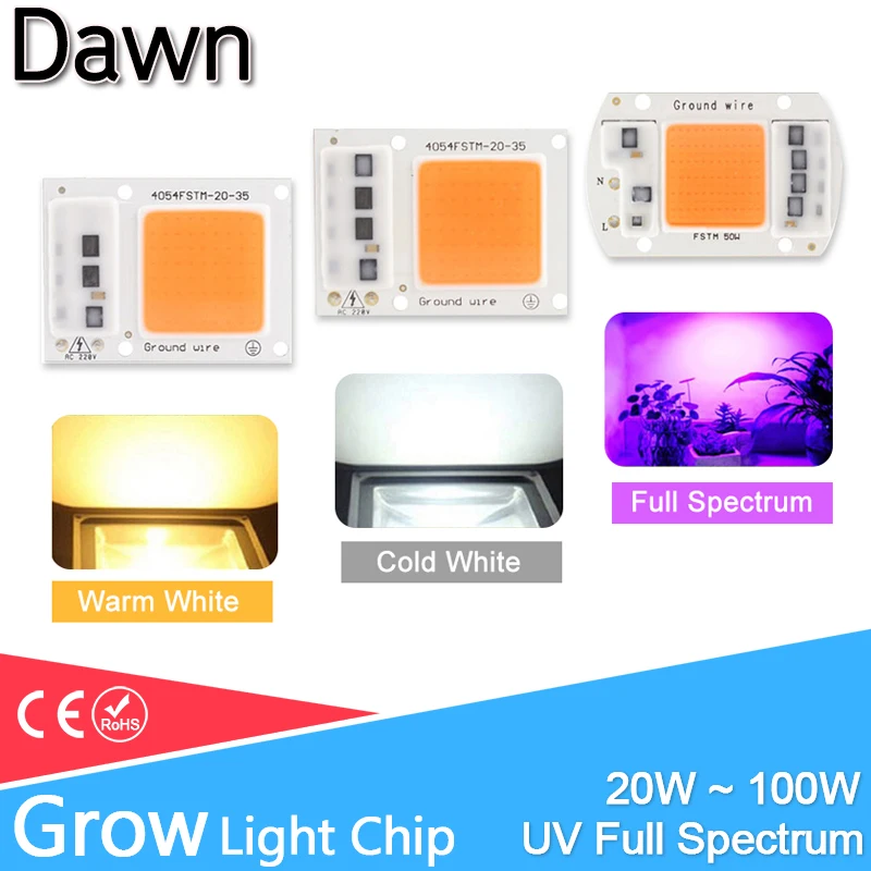 

LED COB Grow Light /UV Full Spectrum/Warm/Cold White AC 220V 240V 20W 30W 50W 100W For Flower Plant Growth