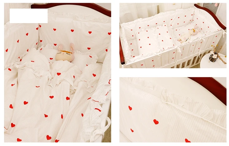 baby bedding set bumper pillowcase bed sheet princess style white with red heart for girls crib set washable customize size (13)