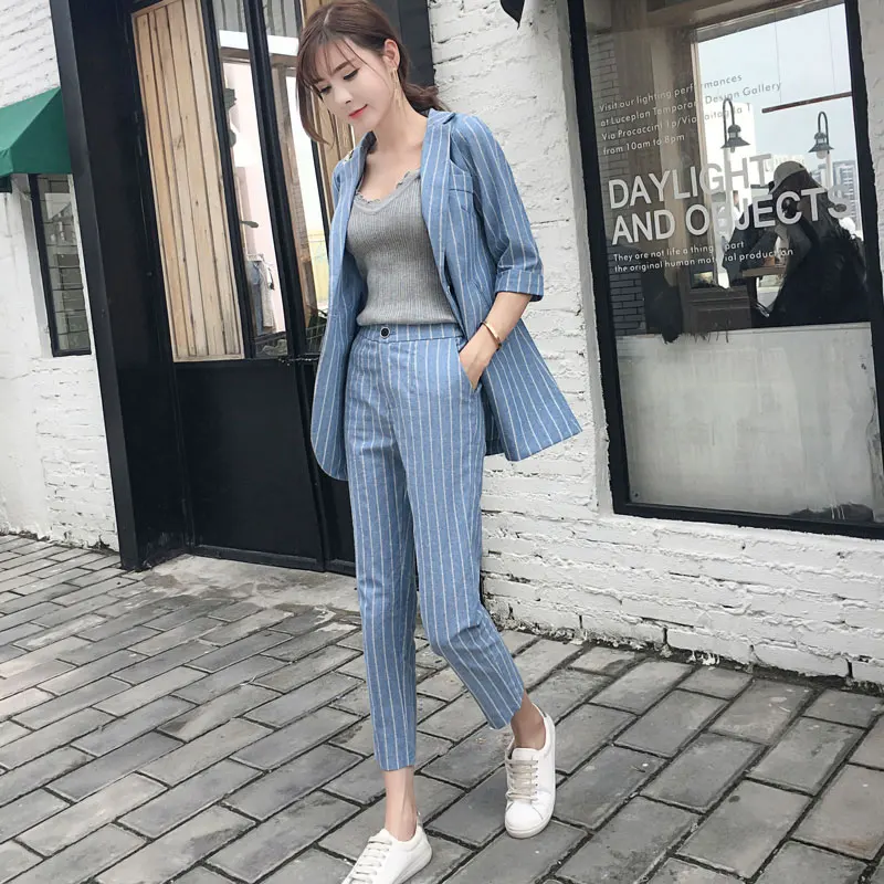 

Women's suit female 2018 spring and autumn new temperament Slim fashion Plaid stripes office ladies OL two / piece suit