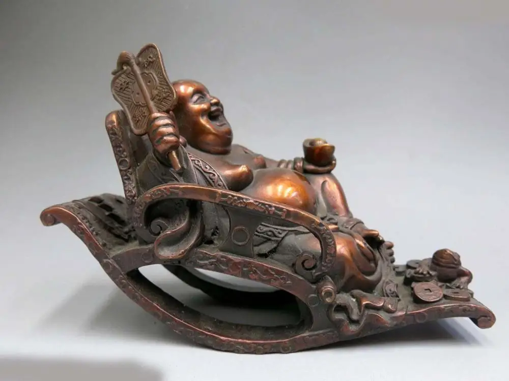SCY DS China red bronze sculpture carved fine fan copper buddhism happy buddha Statue | Дом и сад