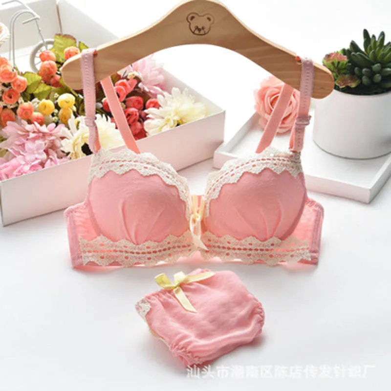 

2019 new Japanese fresh cotton embroidery girl student underwear cute chiffon small chest gather bra set