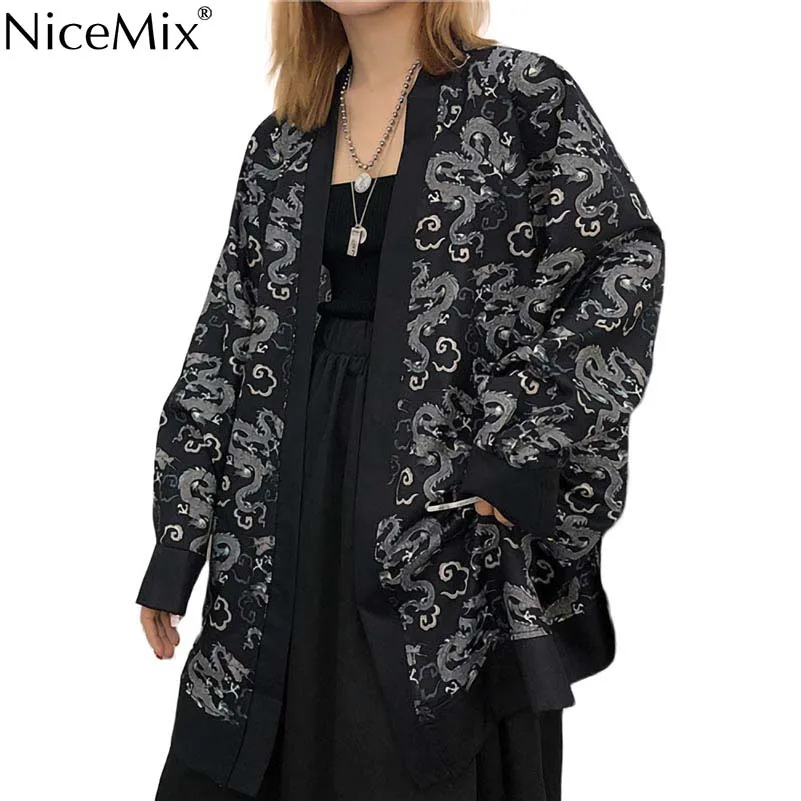 NiceMix harajuku стиль кимоно Дракон Футболка с принтом летние топы корректирующие с длинным рукавом для защиты от солнца кардиган для женщин/для