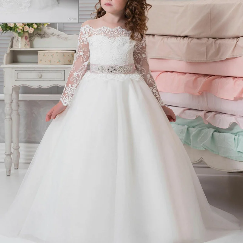 

Elegant White Flower Girl Dress Lace Applique Beautiful Long Sleeve Beaded Belt For Weddings Holy Communion Party Dresses