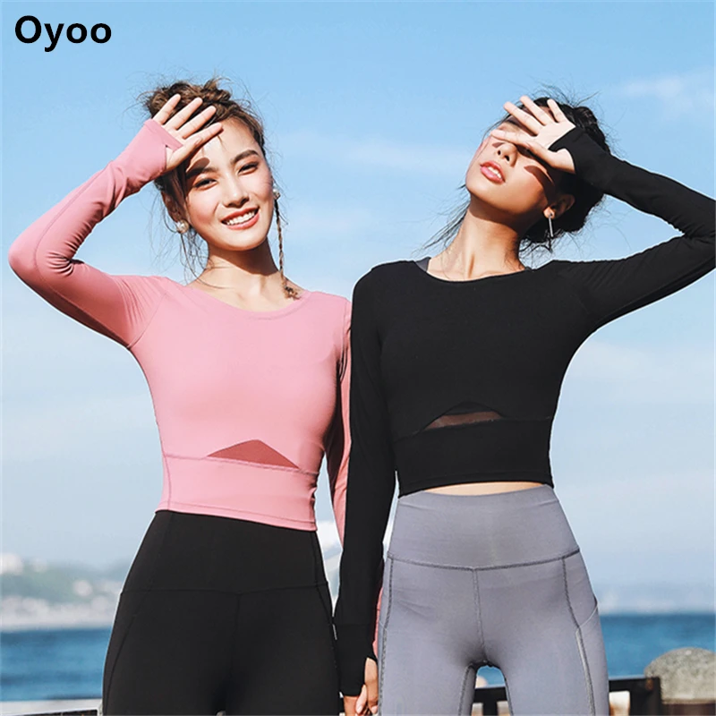 Oyoo Mesh panels cropped long sleeve workout tops for