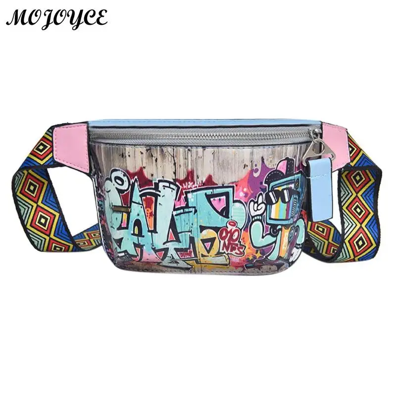 Уличный стиль Fanny Pack поясная сумка для женщин Личность Пояса Сумки из искусственной кожи граффити груди с красочными плечевой ремень 2018