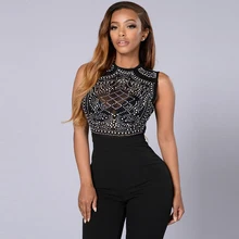 Без рукавов Комбинезоны Женский комбинезон сексуальный полый лоскутный бисер украшенный черный цельный обтягивающий Облегающий комбинезон S-XL