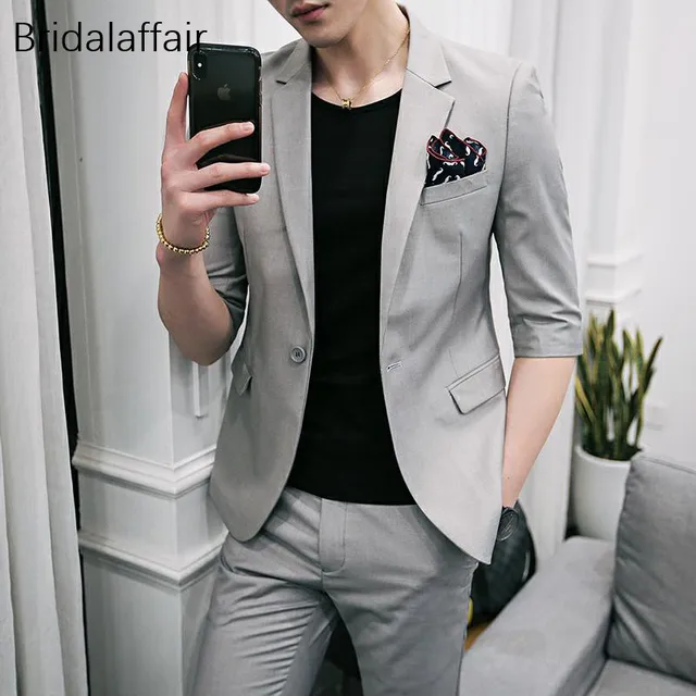 Kuson Costume 2 Pièces Gris Pour Homme Coupe Cintrée Manches Courtes Smoking Pour Bal De Mariage Tenue Formelle Veste Pantalon 2018 Aliexpress