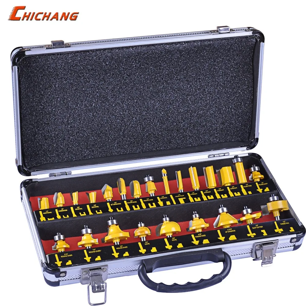 

24 Piece 1/4" Shank Router Bit Set With Tungsten Carbide Tips For Use On Wood, Metal, Plastic.A set of tools for milling machins