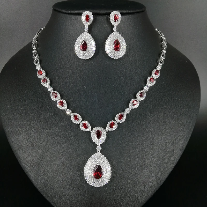 

2019 NEW FASHION,luxury elegant romantic red water drop zircon necklace earring set,wedding bride dinner dress banquet jewelry