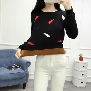 

Women Autumn Winter Embroidery Knitted Pullover Sweaters Ladies Crochet Warm Thick With Velvet Sweater Female High Quality