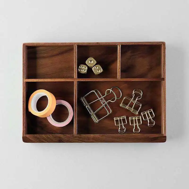Black Walnut Multi-Functional Rustic Vintage Wooden 5 Division Entrance Key Holder Jewelry Storage Box Tray Desk Organizer