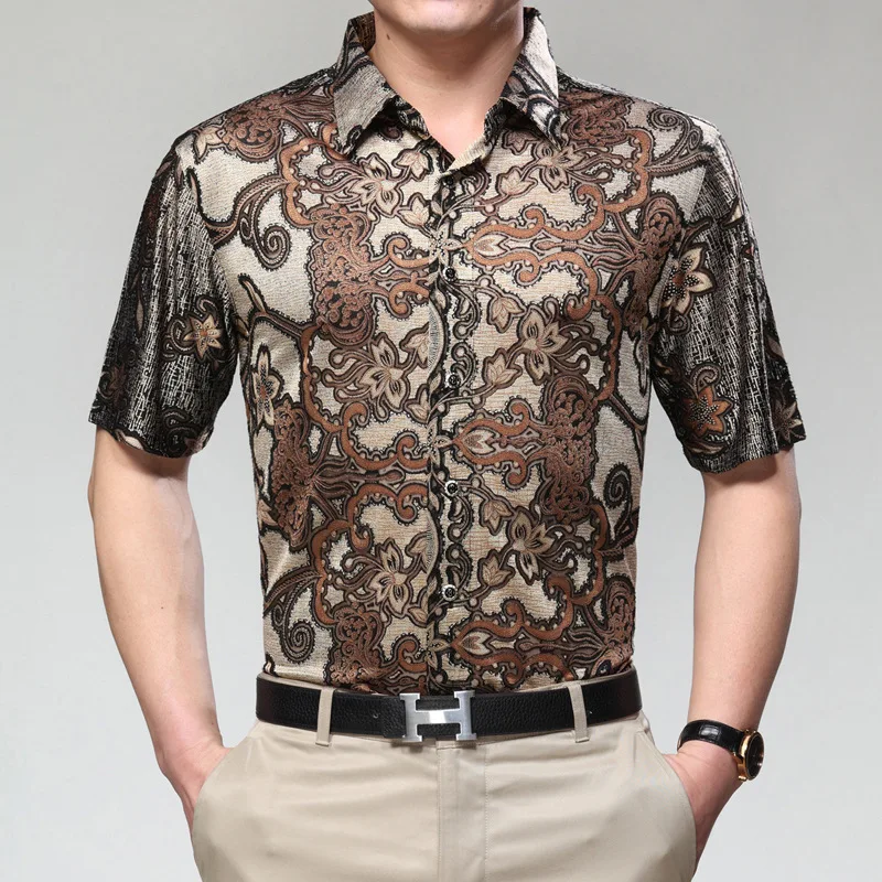 2015 New Summer Style Regular Silk Print Shirt Men's Short Sleeve Shirt ...