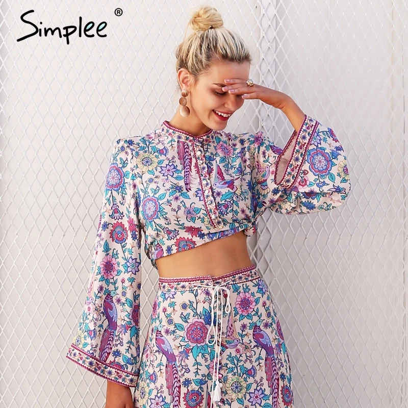 Goedkoop Simplee Boho chic casual print blouse shirt vrouwen tops Knop flare mouw blouse 2017 bloemen lente blouse vrouwelijke blusas
