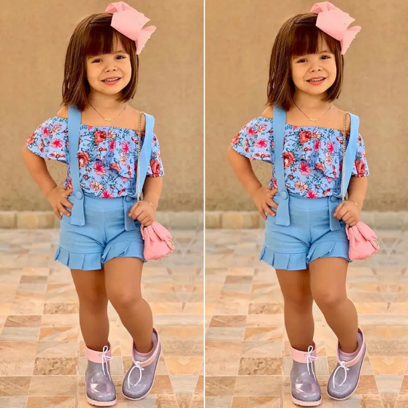 AU/комплект из 2 предметов; одежда для маленьких девочек; топы с открытыми плечами и цветочным принтом+ шорты-комбинезон; летняя одежда
