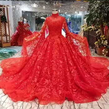 

HTL005 red wedding party dress high neck long flare sleeves muslim bridal evening dresses with train vestido de festa longo 2020