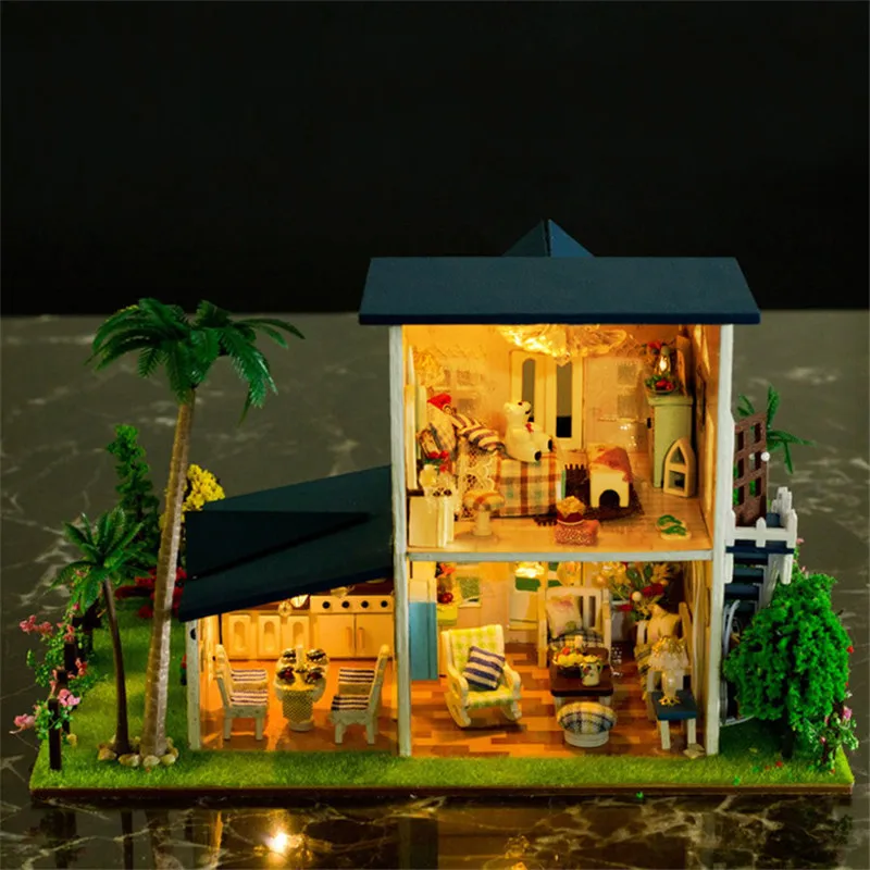 iiE CREATE 2018 New DIY 3D Toys Wooden Miniature With LED+Furniture+Cover Doll house room Toys for children Lover Gift (3)